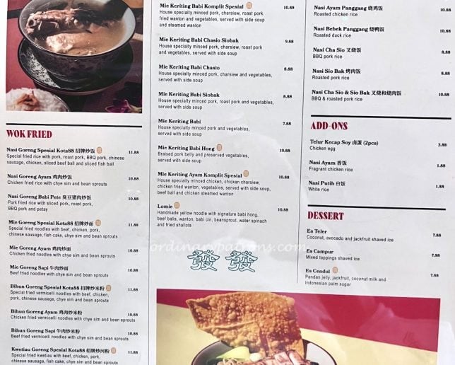Kota88 Restaurant Menu