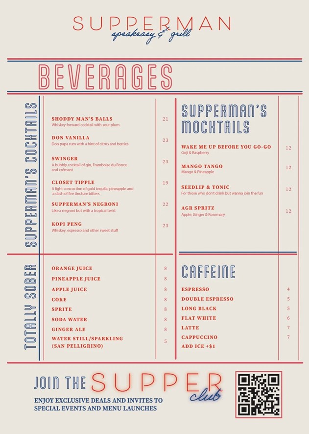 Beverage Menu of Supperman Speakeasy & Grill