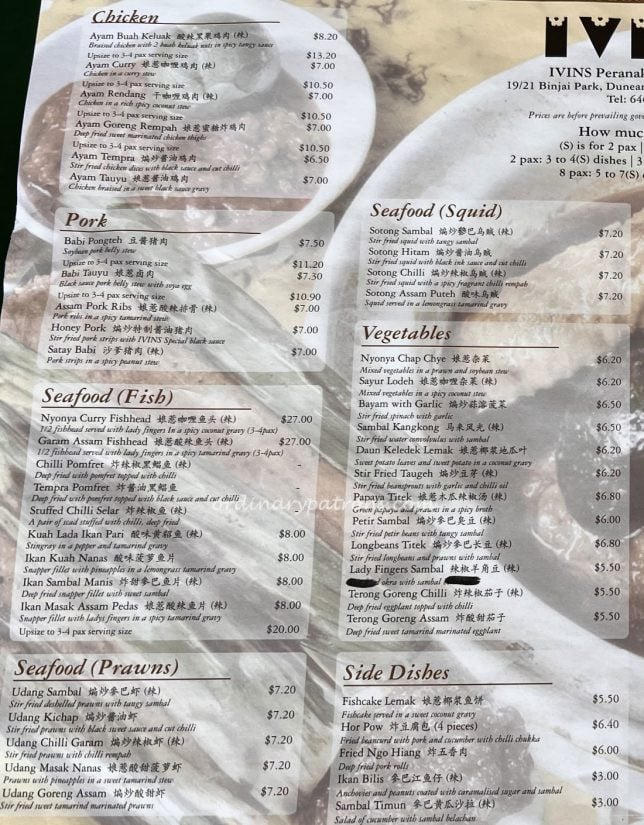 IVINS Peranakan Restaurant menu