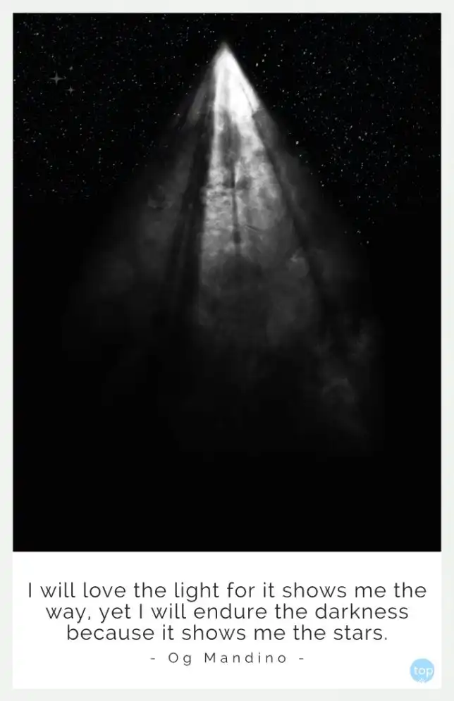I will love the light for it shows me the way, yet I will endure the darkness because it shows me the stars.
- Og Mandino
quote