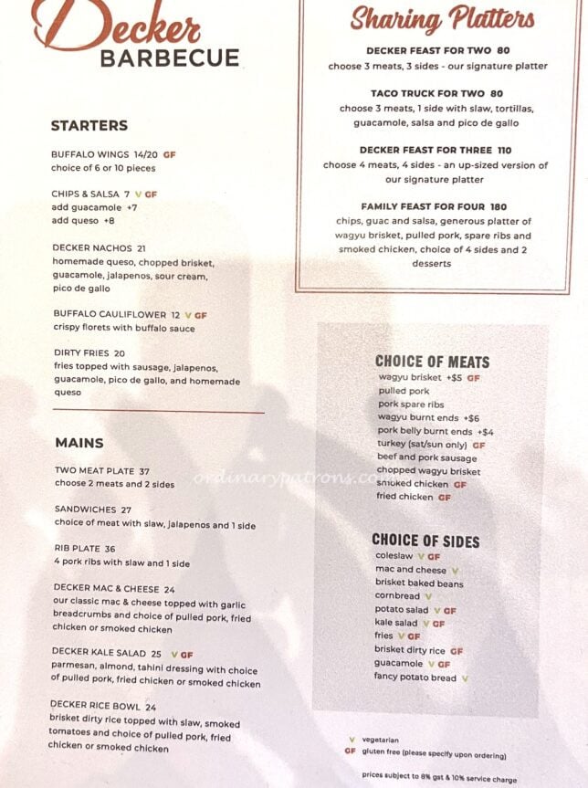 Decker Barbecue menu