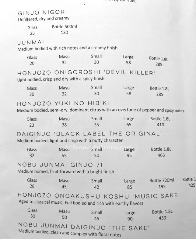 Nobu Singapore Sake Menu: New Japanese Restaurant at Four Seasons Hotel