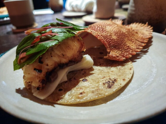 Crayfish & Bamboo Shoot with Breadfruit Tortilla Wrap at Dewakan