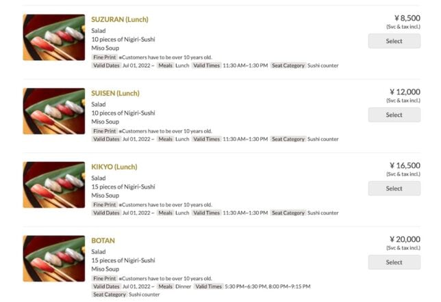 Sushi Yamazato Okura Tokyo Hotel Lunch Menu