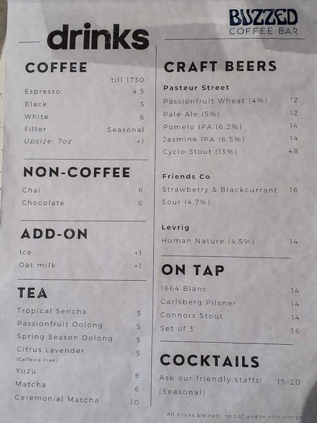 Drinks Menu of Buzzed Coffee Bar