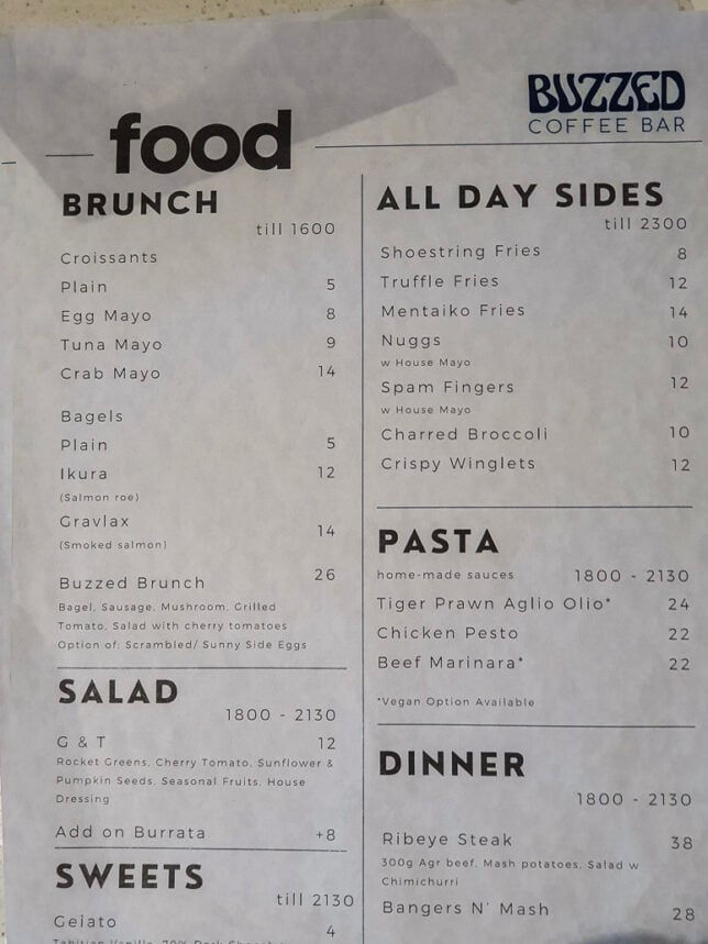 Menu of Buzzed Coffee Bar
