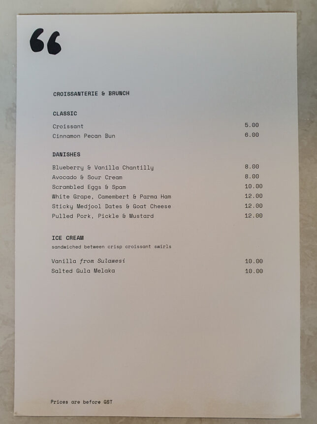 Menu of Vernacular Coffee