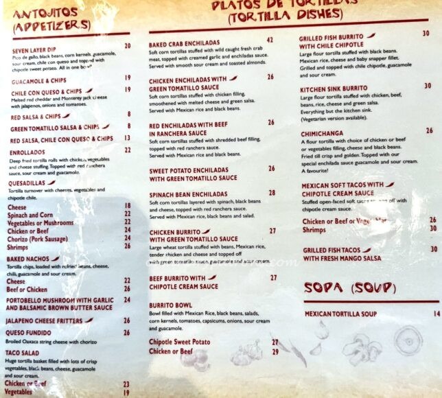 Comida Mexicana Menu