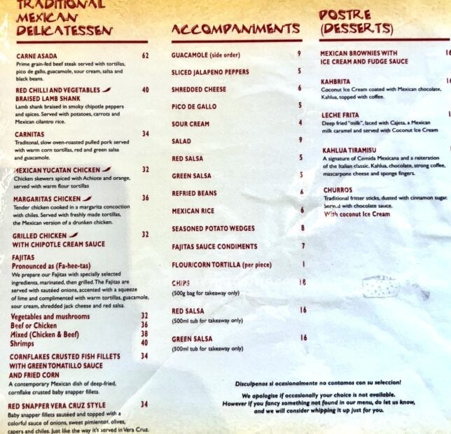 Comida Mexicana Menu