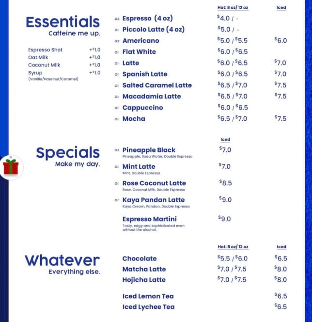 TAG Espresso Takashimaya Menu
