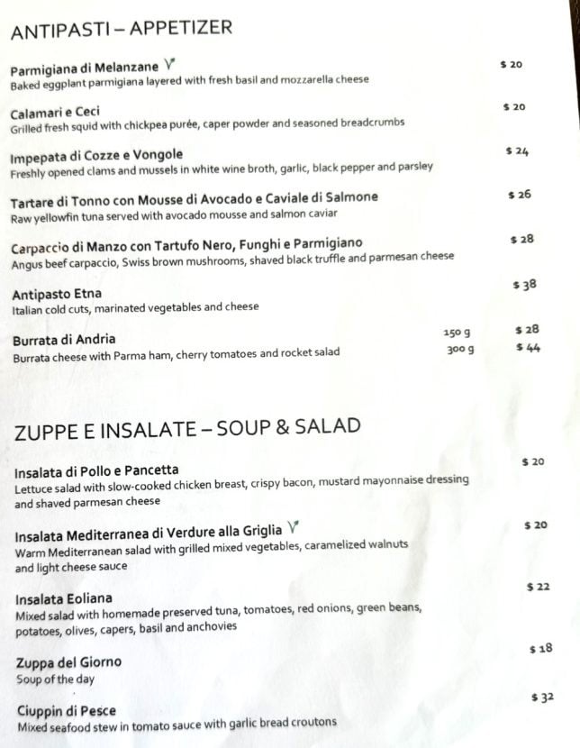Etna East Coast Menu