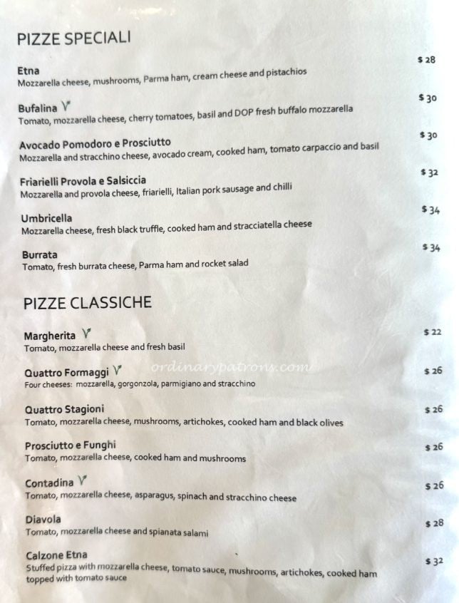 Etna East Coast Menu