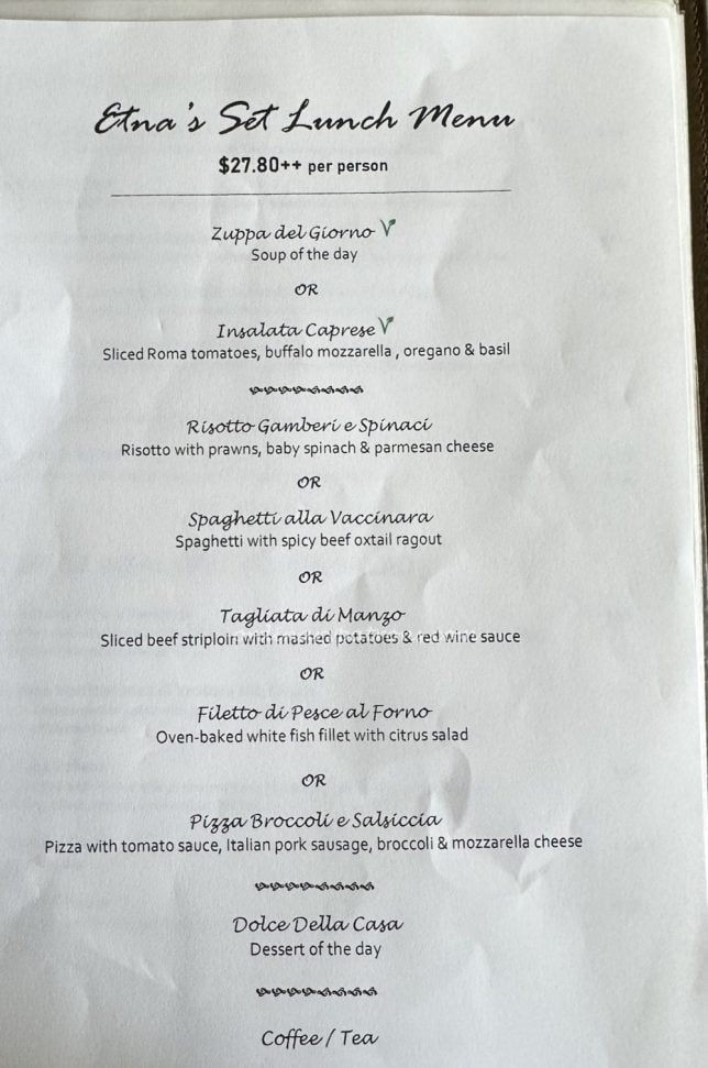 Etna East Coast Menu Set Lunch