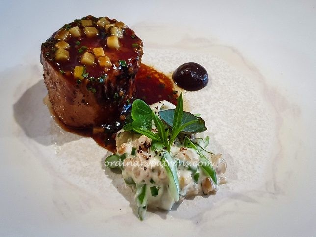 Imbue Lunch mains - Mangalica pork loin, spring vegetable porridge, caramel char siu brown butter, wattleseed