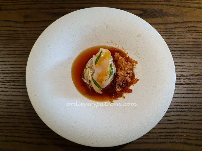 Starter at Imbue - Chilled noodles, with scallops, citrus, plum consommé, beef granita 