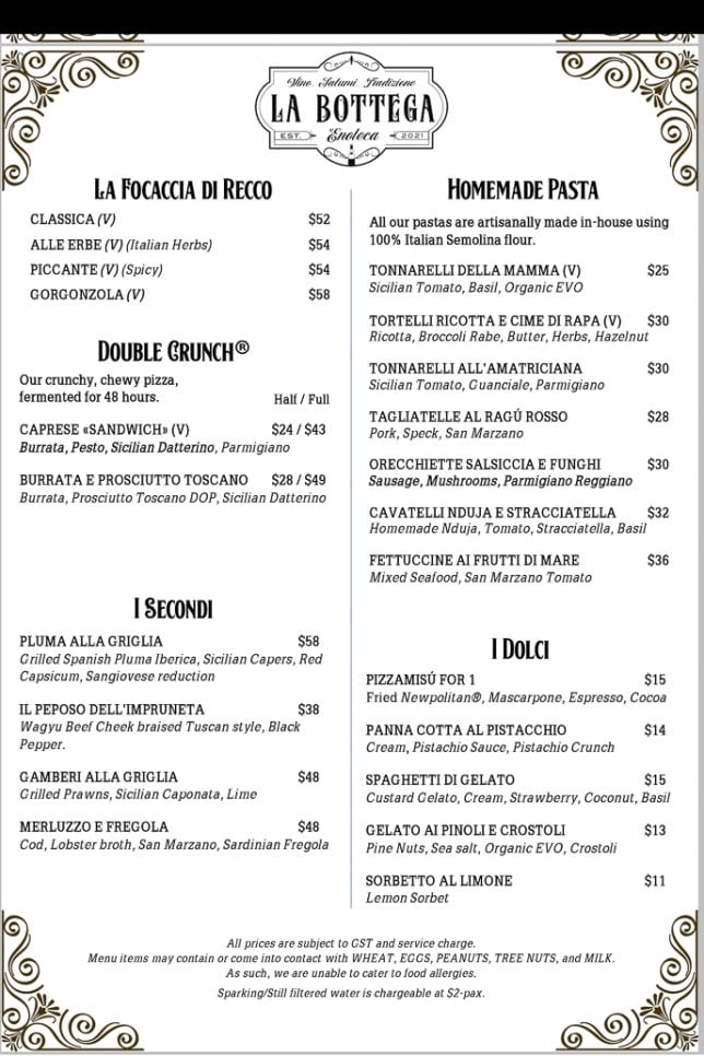 Menu of La Bottega Enoteca
