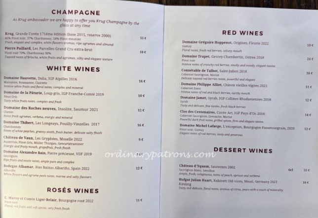 La Table des Caves Paris wine Menu