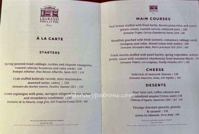 La Table des Caves Paris Food Menu