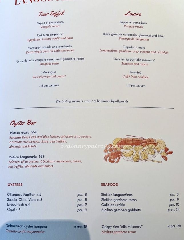 Langosteria Paris menu