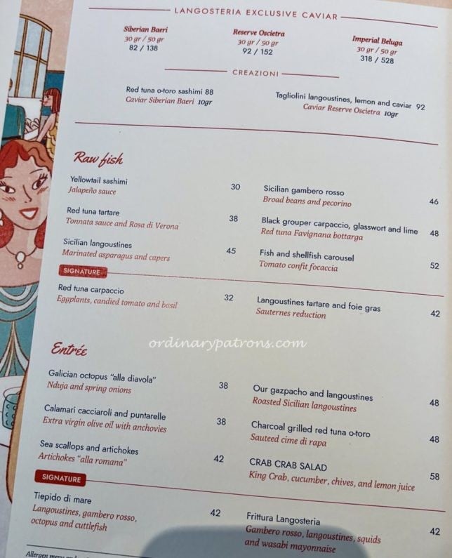 Langosteria Paris menu