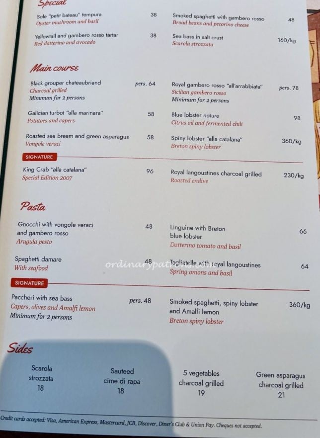 Langosteria Paris menu