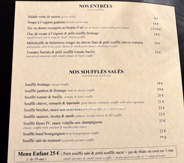 Le Soufflé Paris menu