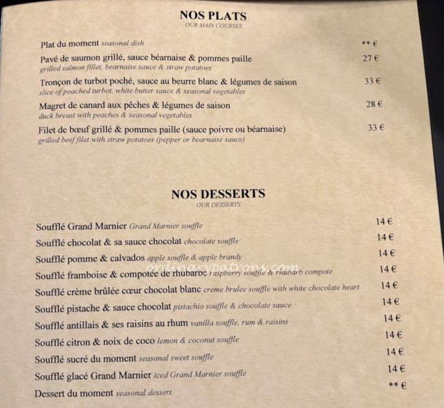 Le Soufflé Paris menu