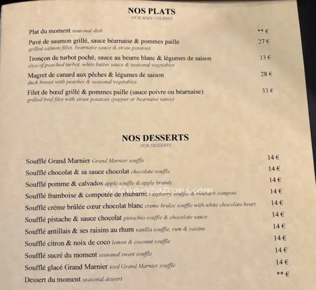 Le Soufflé Paris menu
