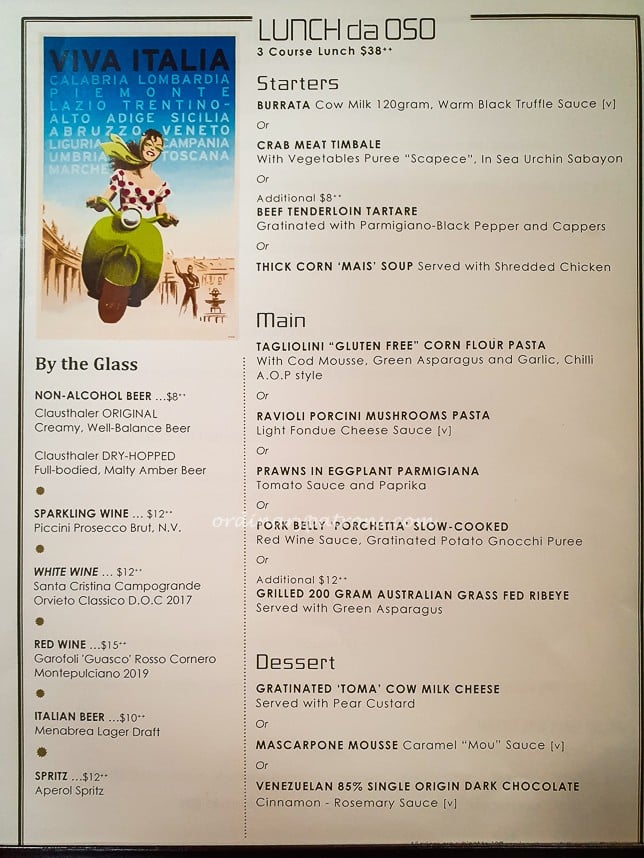 OSO Ristorante Menu Oasia Hotel Italian Restaurant