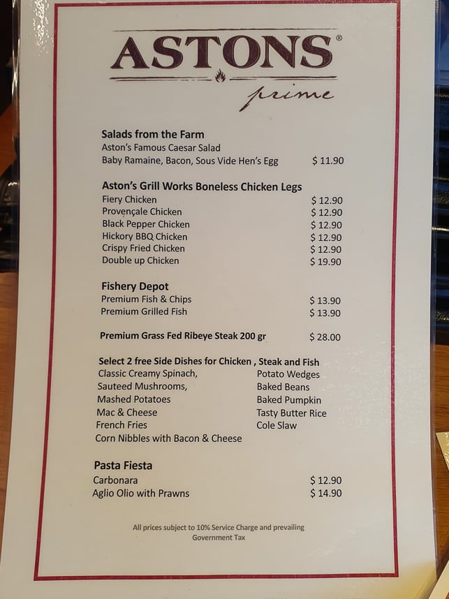 Menu for lunch at Aston Prime Joo Chiat