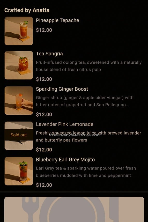 Anatta Restaurant Drinks Menu