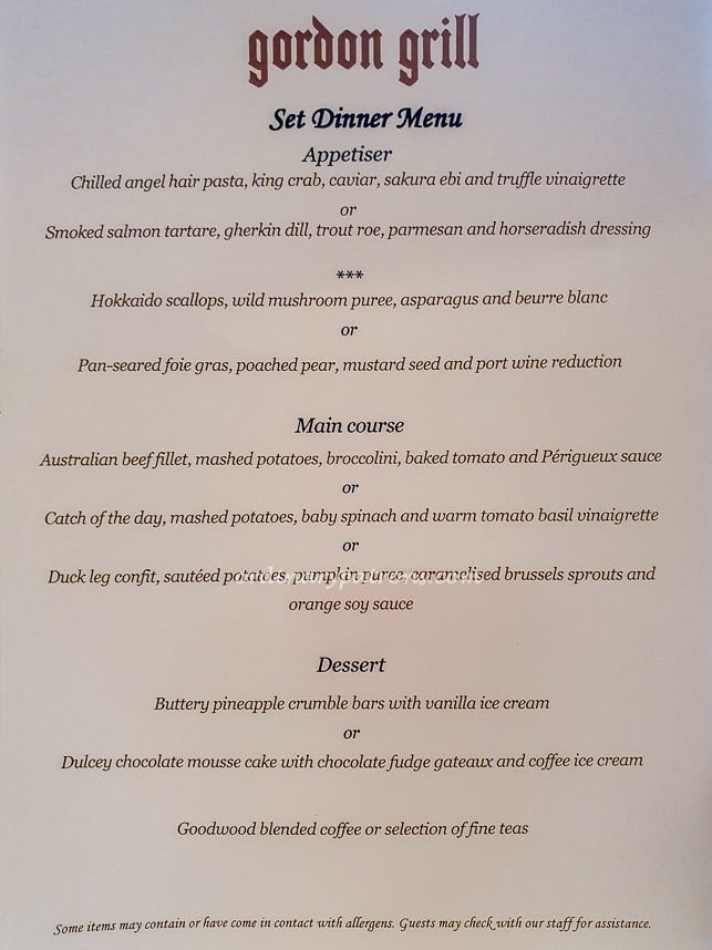 Gordon Grill Set Dinner Menu