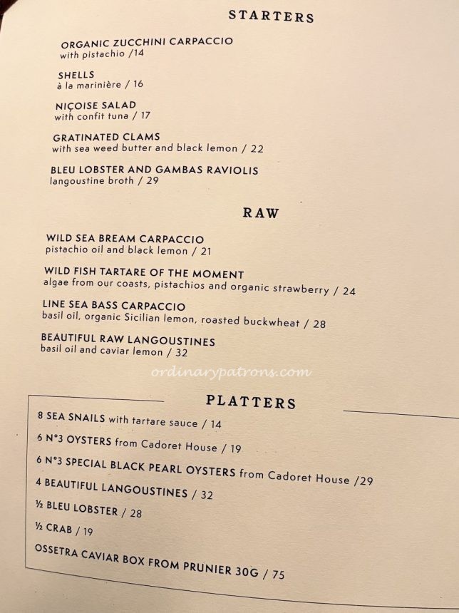 Mer & Coquillage menu 