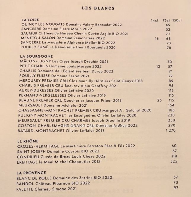 Mer & Coquillage menu wine list 