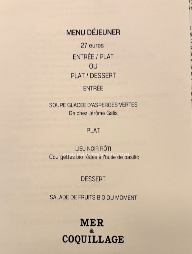 Mer & Coquillage menu 
