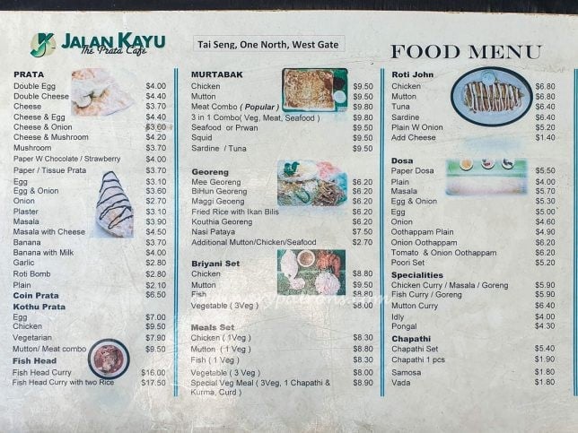 Menu of Jalan Kayu The Prata Cafe