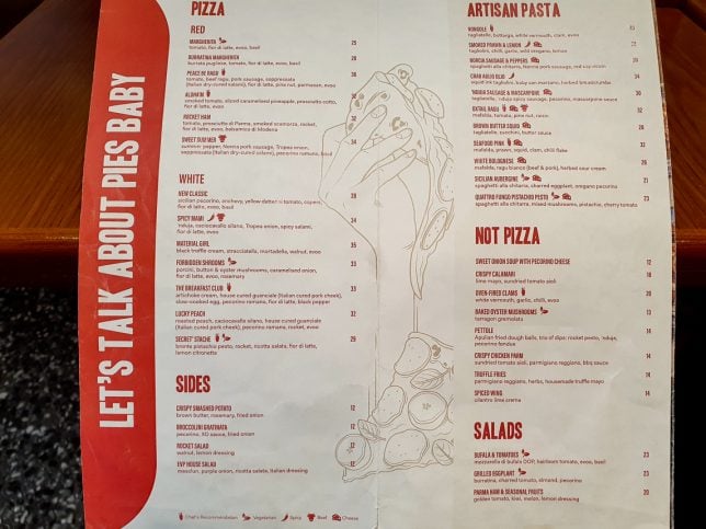 Menu of Extra Virgin Pizza