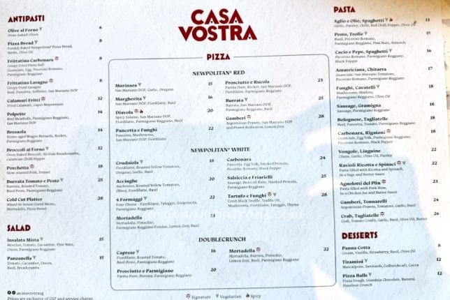 Casa Vostra Raffles City Menu