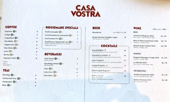 Casa Vostra Raffles City menu with prices