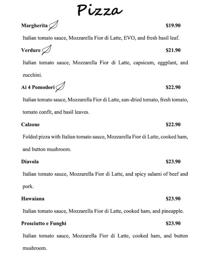 La Pizzaiola @ Bukit Timah menu