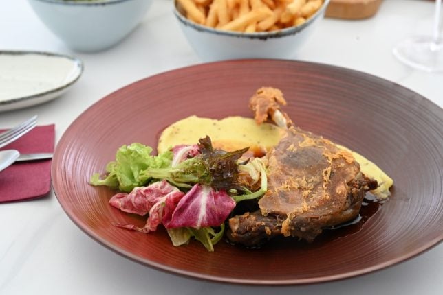 Duck Leg Confit with Mustard Mashed Potatoes at Jules