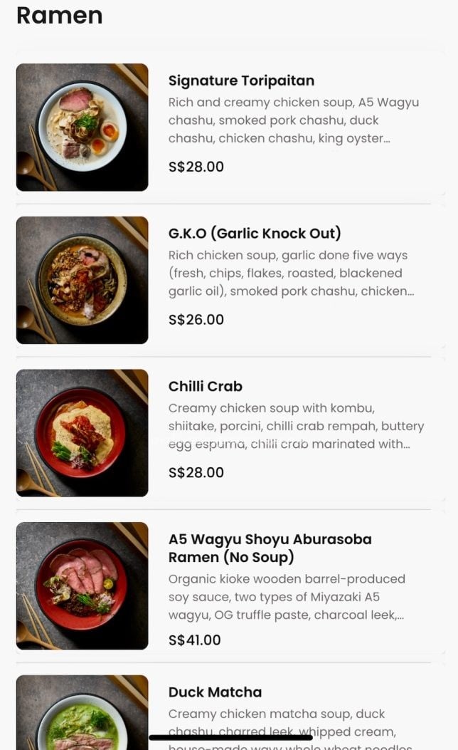 Mensho Tokyo Singapore menu