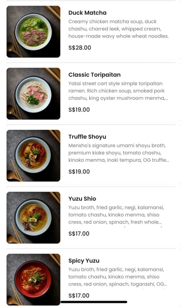 Mensho Tokyo Singapore menu