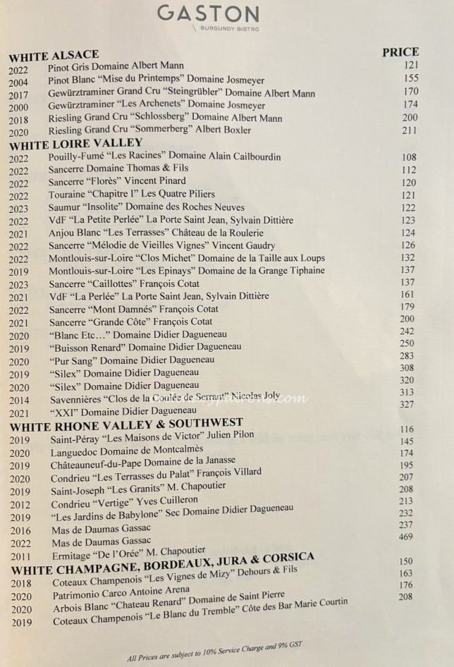 Bistro Gaston French Restaurant Wine List