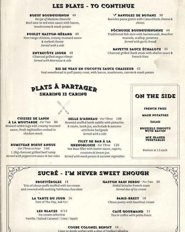 Bistro Gaston French Restaurant menu