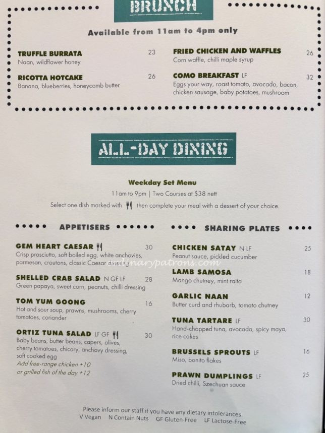 COMO Metropolitan Singapore All Day Dining menu