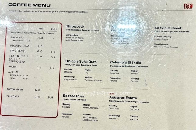PPP Coffee New Bahru coffee menu