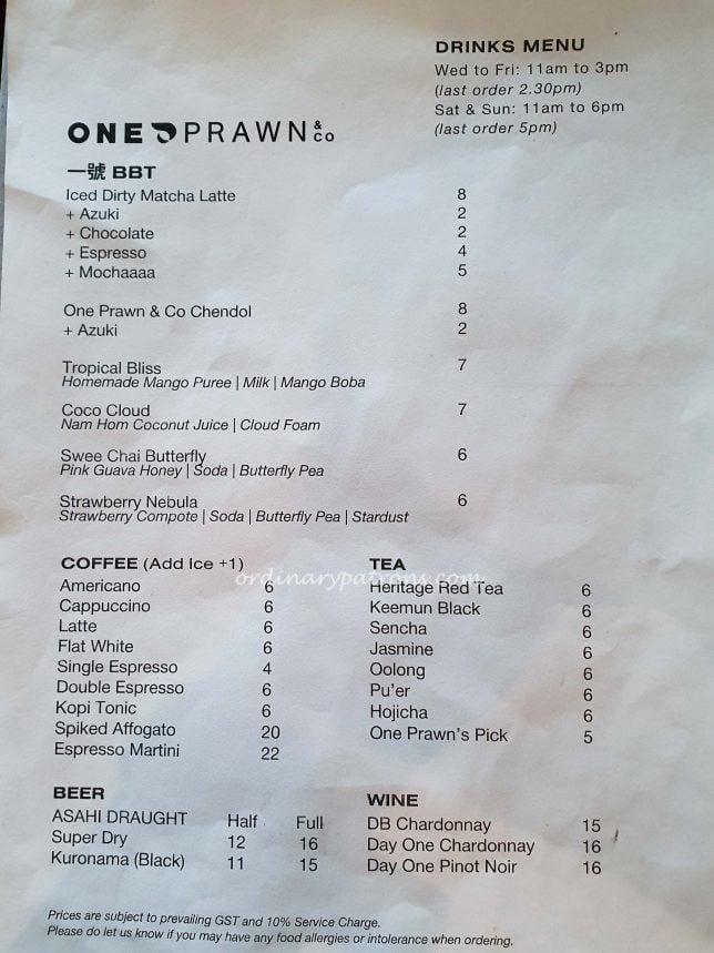 Drinks Menu of One Prawn & Co