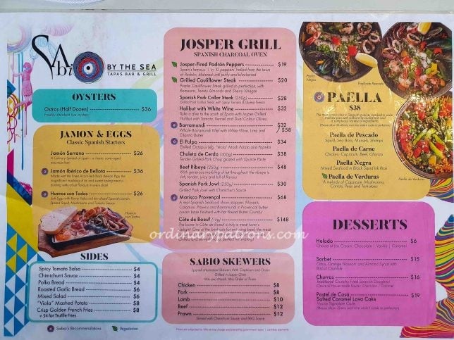 Sabio by the Sea Menu