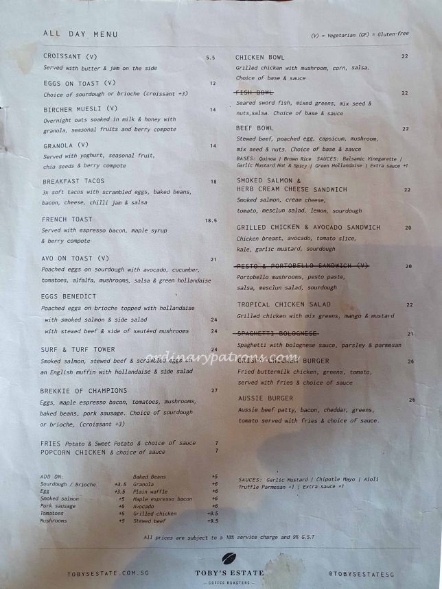 Toby’s Estate menu